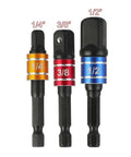 Grab These 3-Piece Drill Socket Adapter Sets With One-Quarter, Three-Eighth And Half Inch Hex Shank Extensions Perfect For Your Impact Wrench Driver Kit. 3-piece chrome vanadium steel adapters, 1/4 3/8 1/2 inch, ball lock design