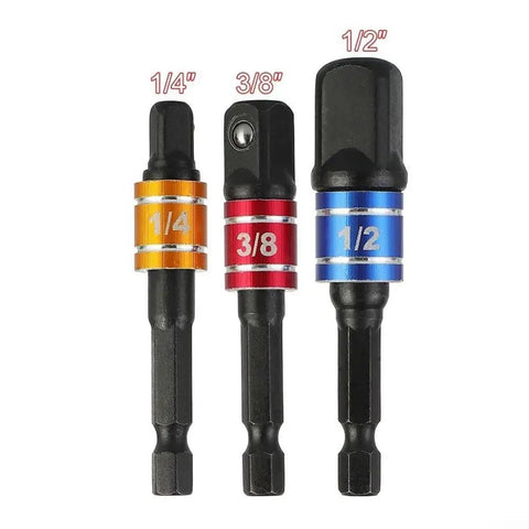 Grab These 3-Piece Drill Socket Adapter Sets With One-Quarter, Three-Eighth And Half Inch Hex Shank Extensions Perfect For Your Impact Wrench Driver Kit. 3-piece chrome vanadium steel adapters, 1/4 3/8 1/2 inch, ball lock design