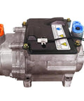 High Performance 12V 24V Electric AC Scroll Compressor for EV Buses Vans Trucks and Construction Equipment showing side view with connectors and label.