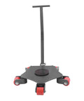 Heavy Duty Machinery Mover Dolly Featuring Five 360 Degree Swivel Casters With Tough As Nails Iron Frame Handling Four Tons Without Any Sweat For Warehouses Bulky Appliances And Heavy Furniture Hauling front view with sturdy handle and red swivel wheels.