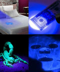 3 In 1 Rechargeable UV Flashlight With Magnetic LED illuminating stains on bed, currency detection, scorpion, and facial mask