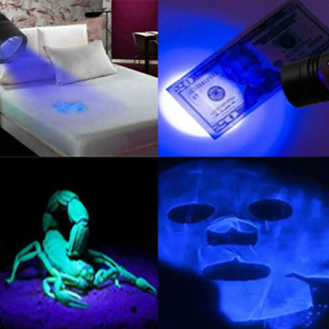 3 In 1 Rechargeable UV Flashlight With Magnetic LED illuminating stains on bed, currency detection, scorpion, and facial mask