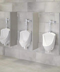 Three Pintbrook Top Spud Urinal High Efficiency Flush 0.125 to 0.5 GPF White with Powerful Washdown units installed in a restroom