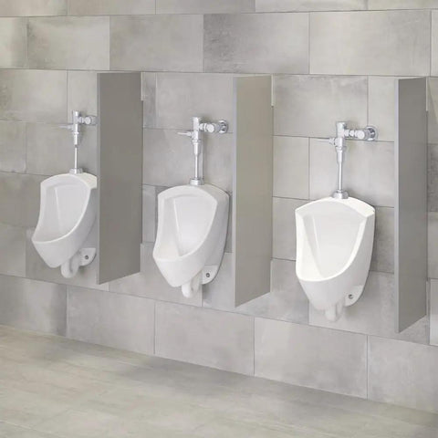 Three Pintbrook Top Spud Urinal High Efficiency Flush 0.125 to 0.5 GPF White with Powerful Washdown units installed in a restroom
