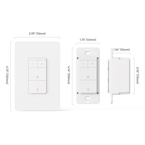 Dimensions of Smart Ceiling Fan Control With Dimmer For Light, 2.4GHz WiFi Only, Neutral Wire Required, Single Pole Fan And Light Switch