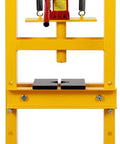 12 Ton Yellow H Frame Hydraulic Press For DIY Pros And Weekend Warriors With Four Height Adjustable Plates Heavy Duty Bearing Gear Removal Straightening Bending And Press Fit Jobs In The Garage Or Shop.