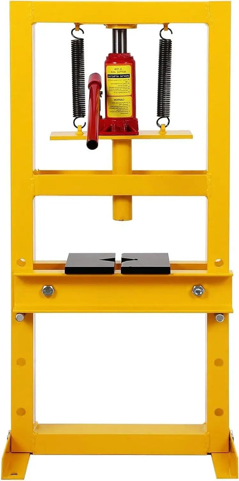 12 Ton Yellow H Frame Hydraulic Press For DIY Pros And Weekend Warriors With Four Height Adjustable Plates Heavy Duty Bearing Gear Removal Straightening Bending And Press Fit Jobs In The Garage Or Shop.