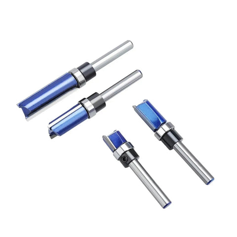 Get Ready For A Flawless Finish With This 4 Pcs Flush Trim Router Bit Set featuring blue-coated bits and smooth bearings for precise trimming.