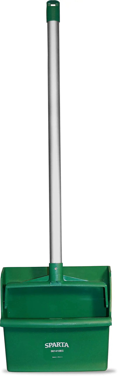 Real Deal Upright Commercial Dustpan With A 30 Inch Aluminum Handle And Serrated Broom Comb Edge For Standing Facility Cleanup And Quick No Bend Kitchen Sweep Up In Green, upright view
