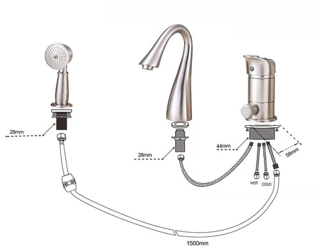 Diagram of Brass Bathtub Faucet Set With Waterfall Style Shower Three Hole Deck Mount Br brushed Nickel Finish Single Handle Mixer
