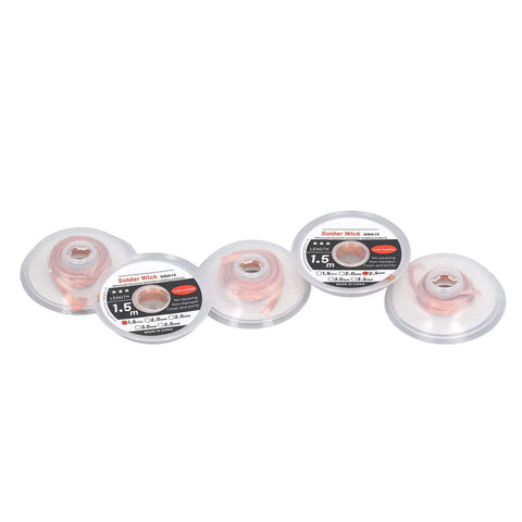 Five Red Copper Solder Wick desoldering braid spools, various widths, pro grade, high thermal conductivity for electronics repair