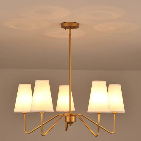 Modern Antique Brass Pendant Chandelier With Creamy White Fabric Shade Dimmable Five Light Fixture For Dining Room Living Room Kitchen Island Or Bedroom UL Listed Cool Yet Classy Lighting showcasing five lit shades