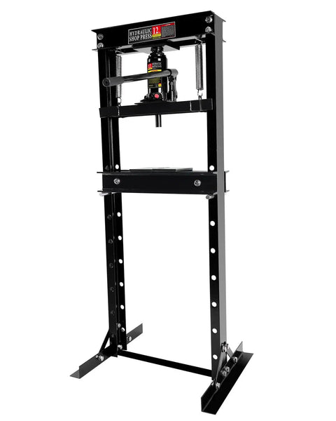 Front view of Beefy 6 Ton Hydraulic H Frame Shop Press With Adjustable Height Heavy Duty Garage Floor Tool.