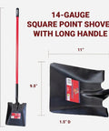 Heavy Duty Square Point Shovel With 14 Gauge Steel Head And Long Fiberglass Handle For Landscaping And Gardening, Digging, Soil Moving, Cleanup And Yard Projects, 60 Inch Made In USA, displayed with dimensions.