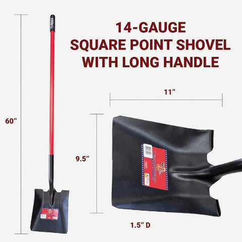 Heavy Duty Square Point Shovel With 14 Gauge Steel Head And Long Fiberglass Handle For Landscaping And Gardening, Digging, Soil Moving, Cleanup And Yard Projects, 60 Inch Made In USA, displayed with dimensions.