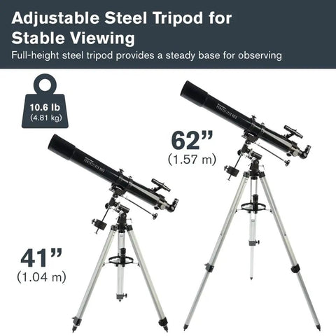 Beginner Friendly 80mm Refractor Telescope With Manual German Equatorial Mount For Moon And Planets, Easy Setup And Great Light Gathering For Craters, Planets, Stars And Nebulae. Adjustable steel tripod, 41 to 62 inches tall, supports 10.6 lb