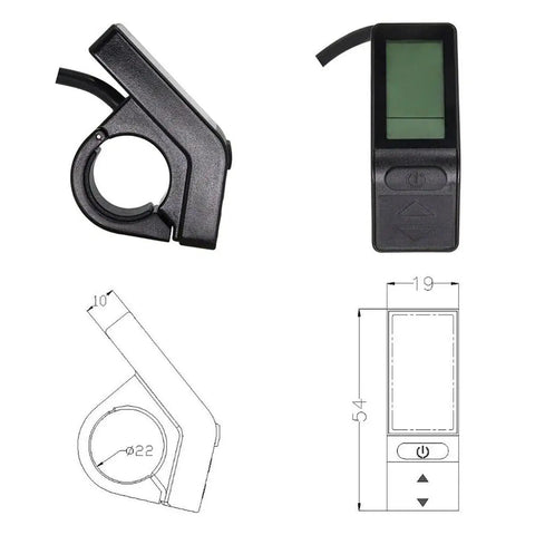 LCD Display Meter KT LCD4 Cycling Tachometer For Your Electric Bike waterproof with five pin connector, top view and dimensions.