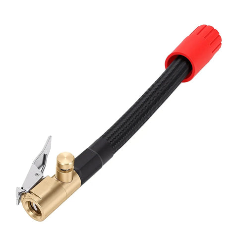 16 Cm Heavy Gauge Tire Inflator Extension Hose With M6 Quick Connect Air Chuck, black silicone, angled for tight wheel spokes.