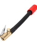 Durable Slim Tire Inflator Extension Hose With M6 Quick Connect Air Chuck to Slip Past Wheel Spokes and Beat Tight Valve Stems Guaranteed No Sweat, showing black hose with red nozzle.