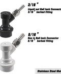 Two Pair Hose Swivel Nut Barb Fittings With Three Sixteenths And Five Sixteenths Inch Barbs Stainless Steel One Quarter Inch MFL Quick Disconnects For Home Brewing Keg Systems Liquid And Gas Quick Disconnects, black and white ball lock connectors