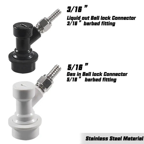 Two Pair Hose Swivel Nut Barb Fittings With Three Sixteenths And Five Sixteenths Inch Barbs Stainless Steel One Quarter Inch MFL Quick Disconnects For Home Brewing Keg Systems Liquid And Gas Quick Disconnects, black and white ball lock connectors