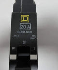 Front view of One Pole 20 Amp 277V AC Miniature Circuit Breaker EDB14020 for electrical panels showing switch and model details.