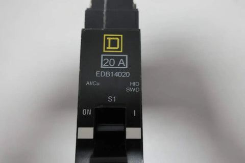 Front view of One Pole 20 Amp 277V AC Miniature Circuit Breaker EDB14020 for electrical panels showing switch and model details.