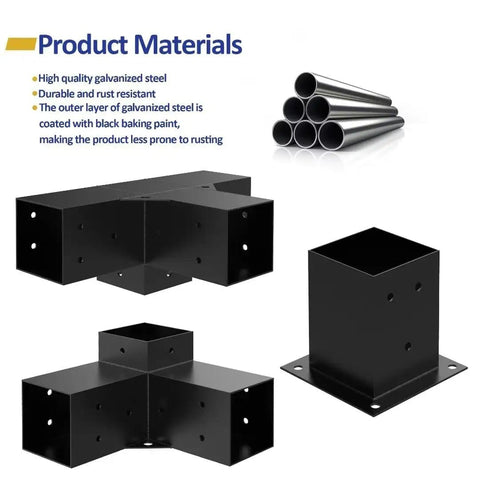 Beefy Heavy Duty Pergola Brackets Kit For 4x4 Lumber With 3-Way And 4-Way Corner Brackets, made from galvanized steel, shown in close-up.