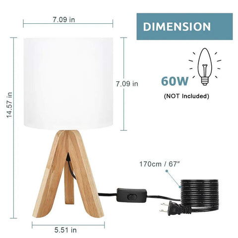 Cozy Kids Table Lamp With Fabric Shade And Wood Tripod Base showing dimensions 14.57x7.09x5.51in with cord