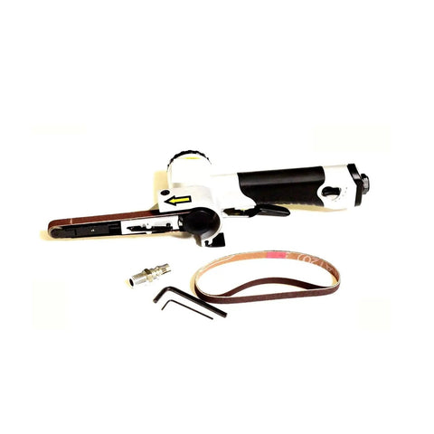 Air Mini Belt Sander Pneumatic Grinder Machine Lightweight Portable Tool for fine sanding with accessories and ergonomic grip.