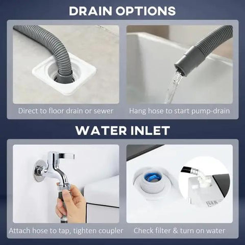 Drain options and water inlet setup for Fully Automatic Portable Washing Machine And Spin Dryer Combo With 14 Lbs Capacity.