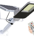 JUDYSSY 150W Solar Street Lights Outdoor with 600 Led Bright Lamp, showing solar panel and remote control for lighting.