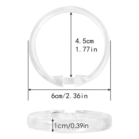 72 Pack Plastic Shower Curtain Rings O Shaped Hooks That Glide Smoothly On Standard Curtain Rods, dimensions shown.