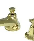 Metropolitan Widespread Lavatory Faucet With Porcelain Lever Handle In Polished Brass 8 Inch Adjustable Center 1 Quarter Turn Ceramic Cartridge Drip Free High Flow 1.2 GPM Slick Modern Bathroom Upgrade, front view.