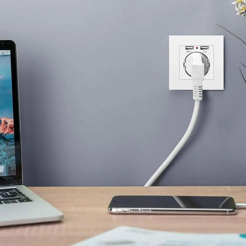 Straight Up Wall Outlet With Dual Usb Ports 5V 2 1A Fast Power 16A EU Standard plugs into a wall beside a laptop.