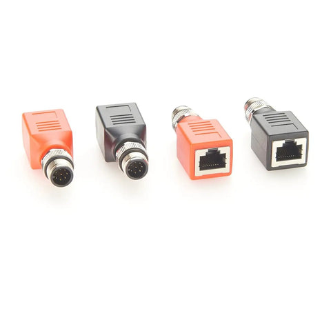 Beefy M12 A Coding 8 Pin To RJ45 Cat6 Shielded Industrial Ethernet Adapter IP67 Bulkhead, front and rear view, orange and black