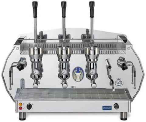 Three Group Lever Espresso Machine In Gold Finish, Pro Grade Commercial Espresso, Piston Lever Operation With Two Pivoting Steam Wands