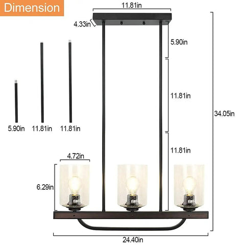 Three Light Rustic Pendant Light Fixture With Glass Shade, Flush Mount Farmhouse Chandelier In Black For Kitchen Island And Dining Room, Adjustable Ceiling Light With E26 Base For Home And Restaurant