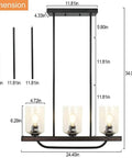Dimensions of 4 Light Adjustable Kitchen Island Pendant Light Fixture in Rustic Metal Wood with Glass Shade.