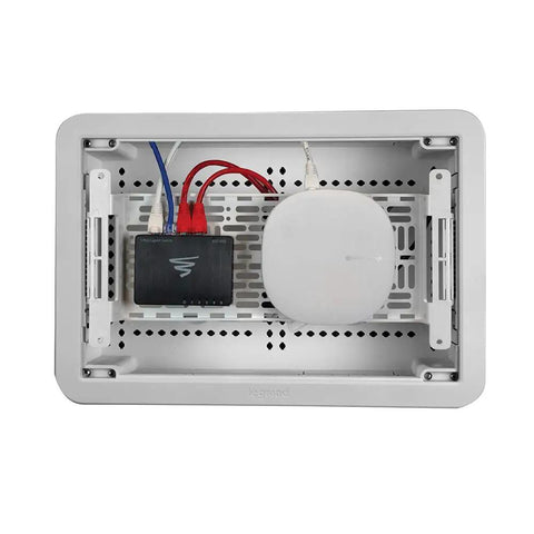 Five Inch Universal Mounting Plate With 1.5 Inch Elevation For Routers Modems And Network Hubs Inside Structured Wiring Panels White mounted with network gear.