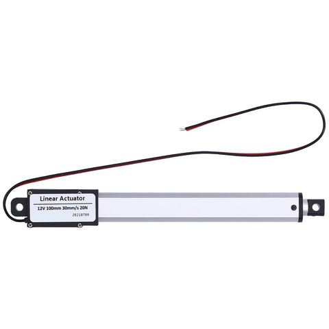 Compact 12V Mini Linear Actuator With No Fuss Operation Aluminum Tube Frame, 100mm stroke, wiring visible, designed for heavy-duty use.