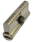Door lock cylinder with brass shell and slide blade; 70mm length, float cam 10–30°, pin-in-pin design for wooden or aluminum doors.