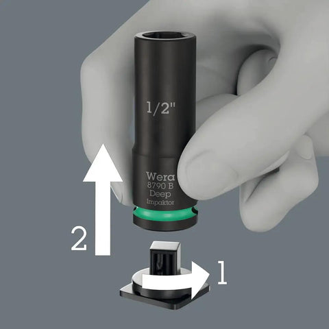 Hand holding 1/2 inch socket from Deep Imperial 13 Piece Socket Set For 3/8 Inch Drive With Long Reach Sockets Hex Pro Design