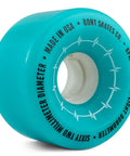 Beats Per Minute Quad Roller Skate Wheels 62x35mm 78A Hot Pink Outdoor Set Of 4 For Street Boardwalk Sidewalk And Recreational Skating Made In USA For Outdoor Skating Enthusiasts. Close-up of a single teal wheel showing branding and specs.