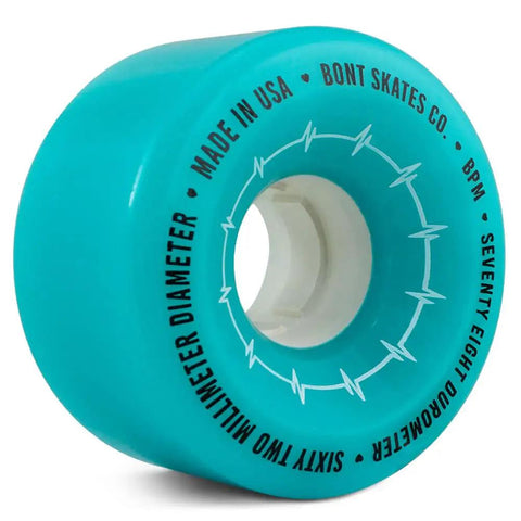 Beats Per Minute Quad Roller Skate Wheels 62x35mm 78A Hot Pink Outdoor Set Of 4 For Street Boardwalk Sidewalk And Recreational Skating Made In USA For Outdoor Skating Enthusiasts. Close-up of a single teal wheel showing branding and specs.