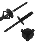 Top Shelf Heavy Duty Tri Fold Exploding Aluminum Pop Blind Rivets With Large Head Built Like A Tank For Auto Marine And Furniture Assembly 50 Piece Black Set 3 16 Inch, showing three black rivets.