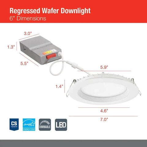 Led Recessed Downlights 6 Inch Wafer Kit With 5 In 1 Switchable White Color Temperature 120 Volt Regressed Trim dimensions