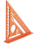 Seven Inch Double Laser Etched Aluminum Rafter Square With Badass Accuracy And No Hassle Multifunctional Carpenter Measuring Layout Tool featuring smooth triangle ruler in orange color.