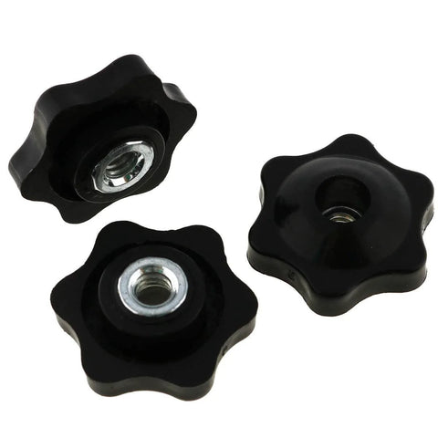 Close-up of Six Pack 1/4 Inch Nylon Hex Head Thru Knobs For Clamping Jigs And Fixtures, Durable Black Nylon With Stainless Steel.