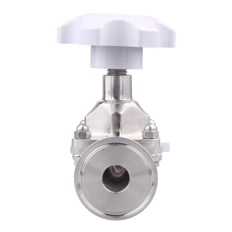 Front view of sanitary diaphragm valve, stainless steel 316L, white plastic handwheel, 1.5" tri-clamp, 3/4" tube OD